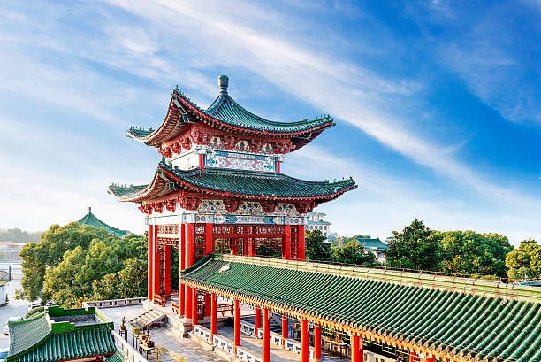 Blue sky and white clouds, ancient Chinese architecture: garden.